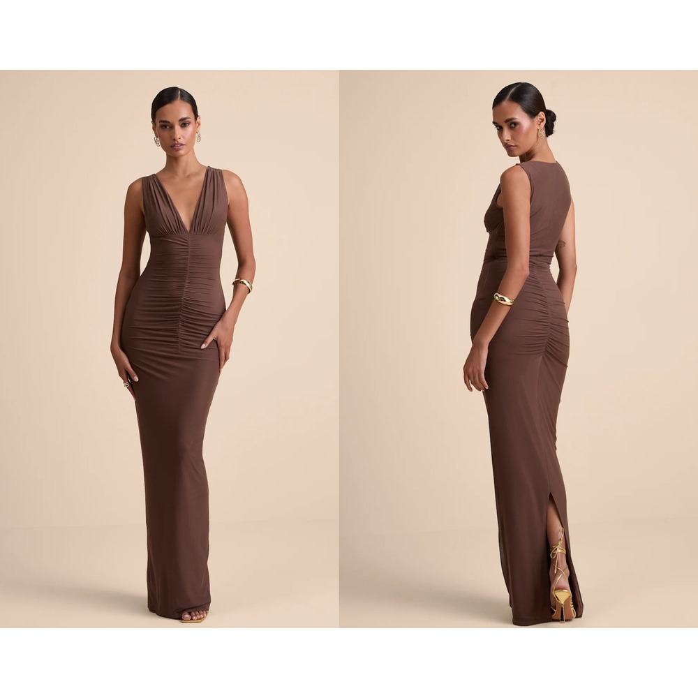 Lulus Aveline Brown Jersey Knit Ruched Bodycon Maxi Dress Size XS